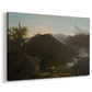 Canvas art print featuring a romantic dawn landscape with misty mountains and wooded slopes, displayed at an angle