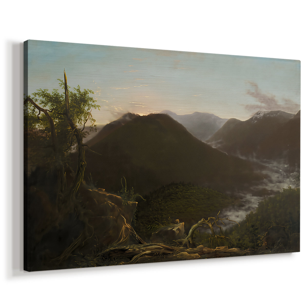 Canvas art print featuring a romantic dawn landscape with misty mountains and wooded slopes, displayed at an angle