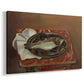 Canvas art print featuring a still life featuring a bream on a cloth-covered surface, displayed at an angle