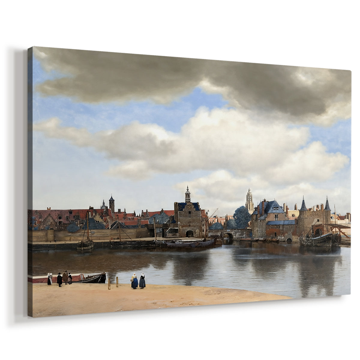 Canvas art print featuring an urban landscape with waterfront and architecture, displayed at an angle