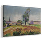 Canvas art print featuring an impressionist-style countryside scene with bridge and water, displayed at an angle