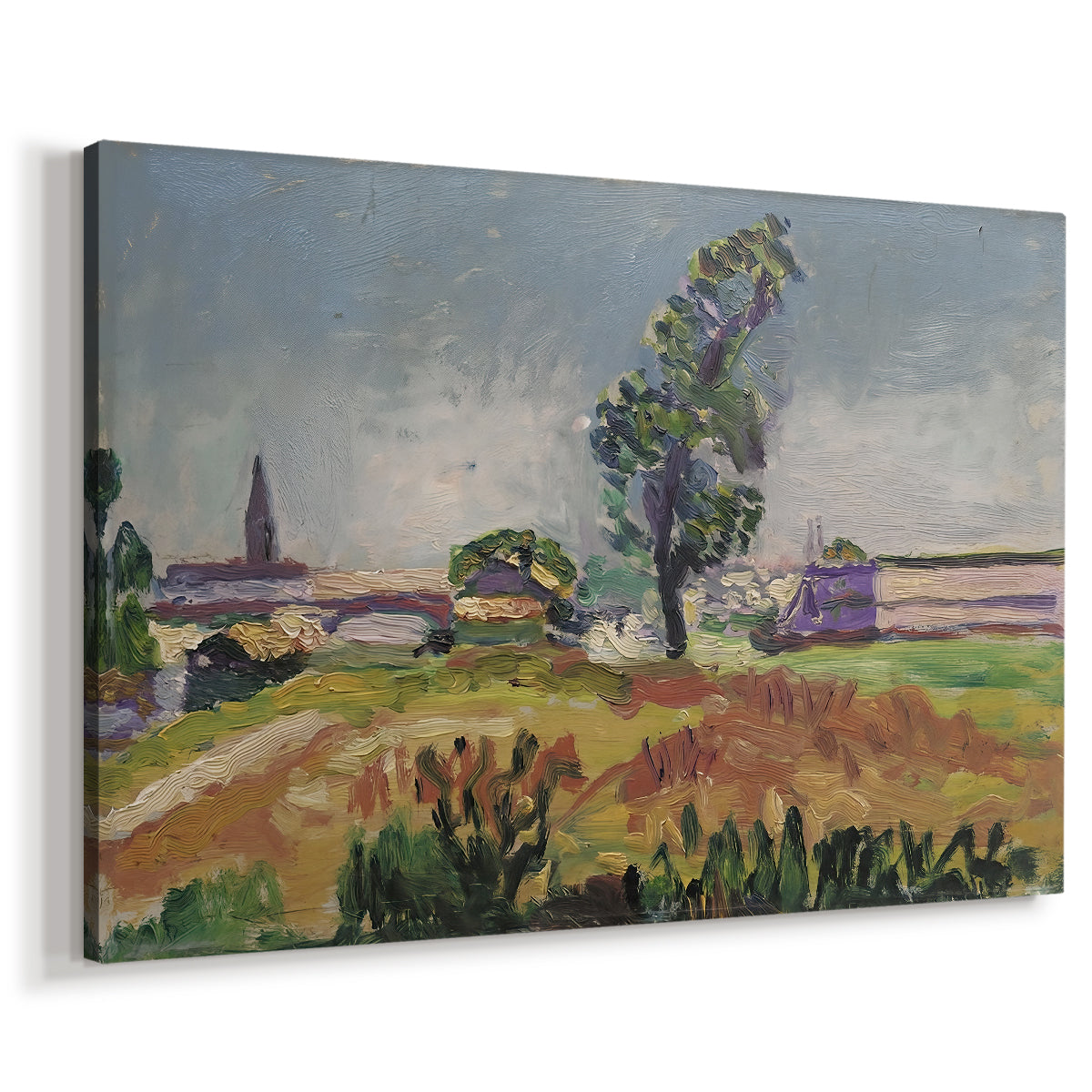 Canvas art print featuring an impressionist-style countryside scene with bridge and water, displayed at an angle