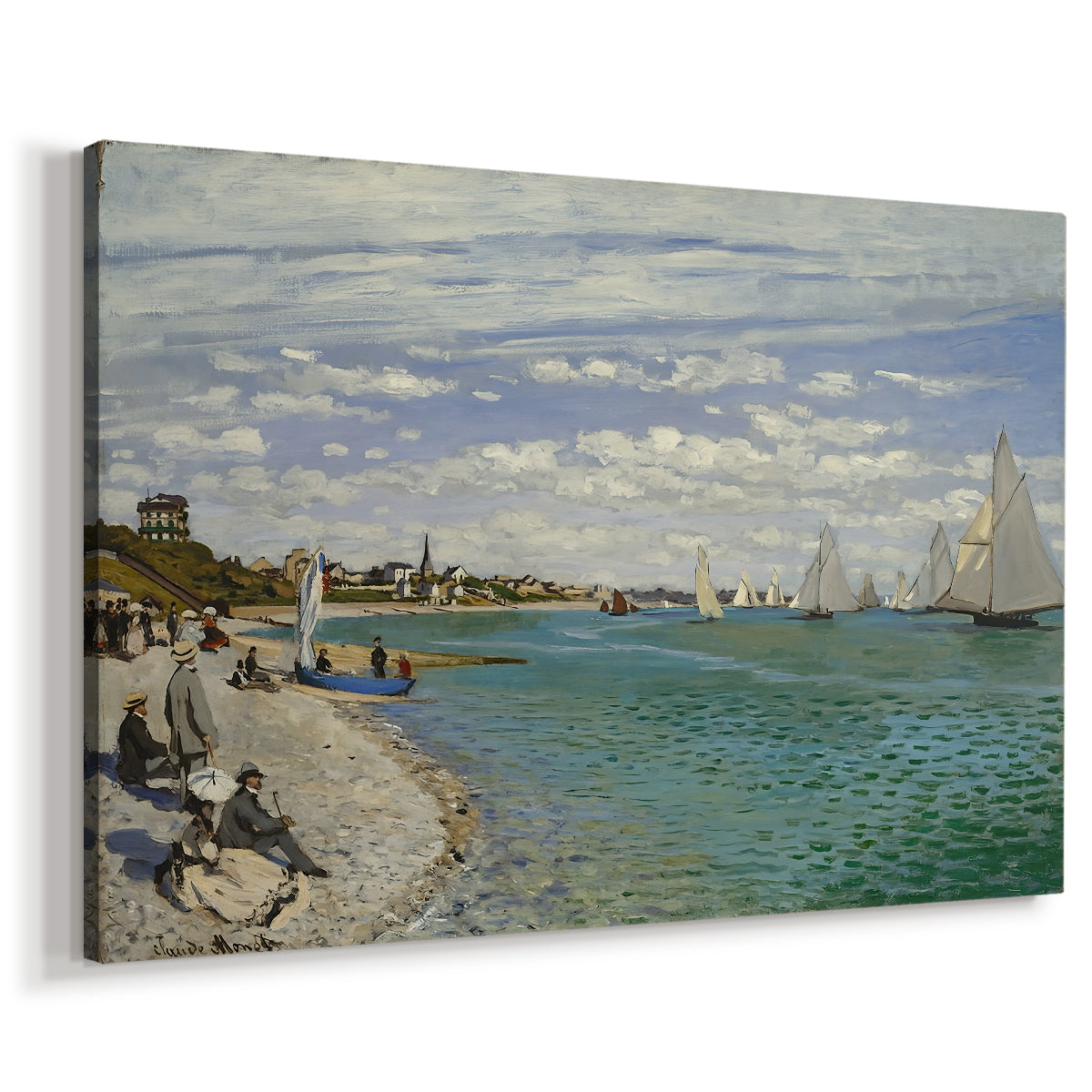Canvas art print featuring a lively regatta scene with boats and people on beach, displayed at an angle