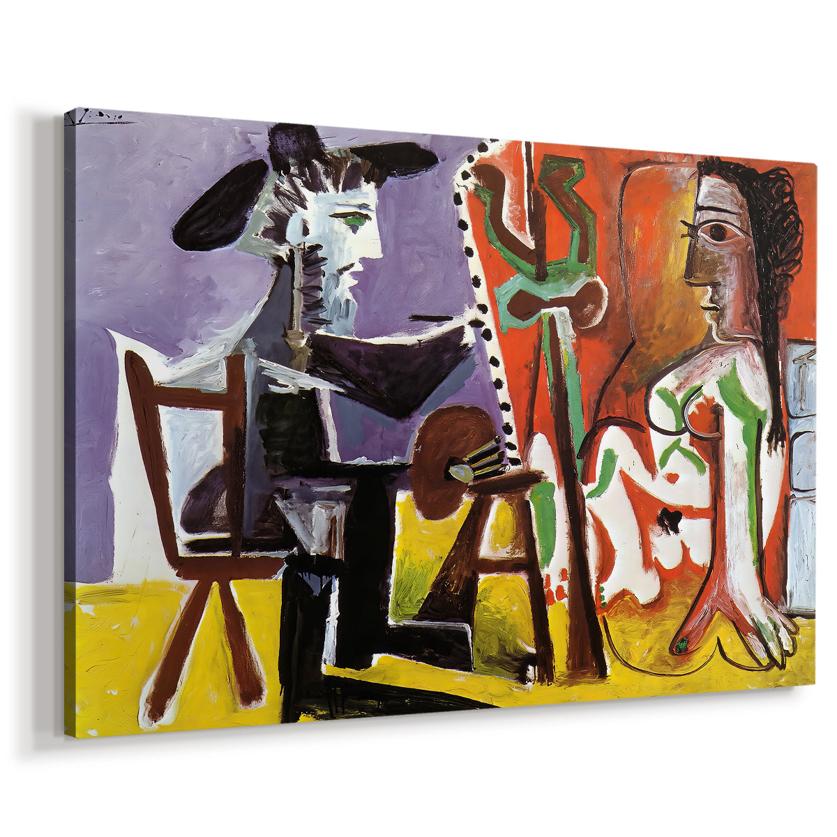 Canvas art print featuring a cubist scene showing interaction, displayed at an angle
