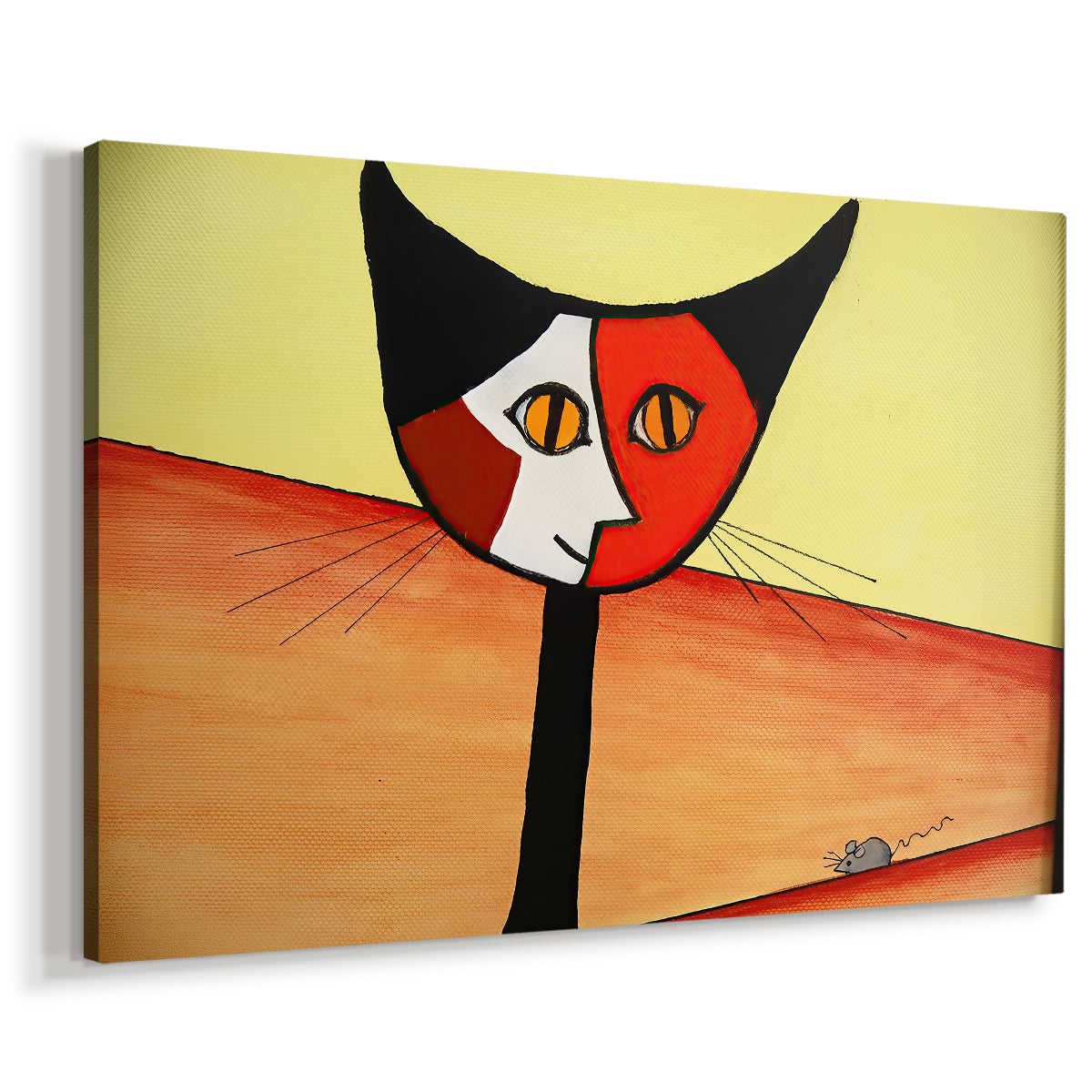 Canvas art print featuring a cubist-inspired feline portrait, displayed at an angle