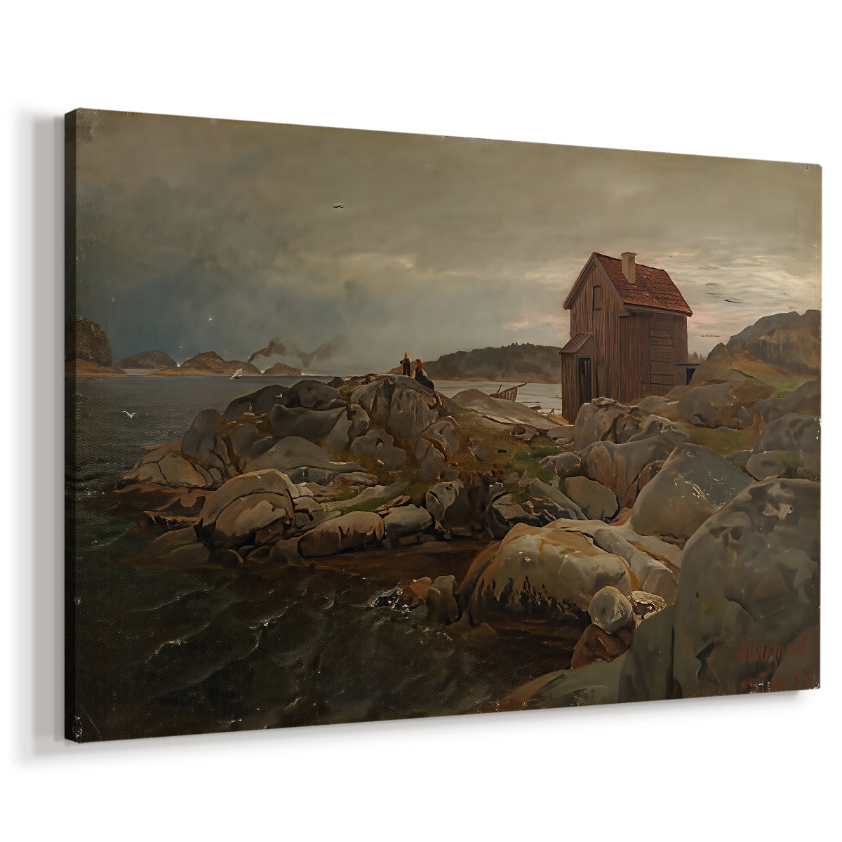 Canvas art print featuring a seaside dwelling with fishing boats and calm water, displayed at an angle
