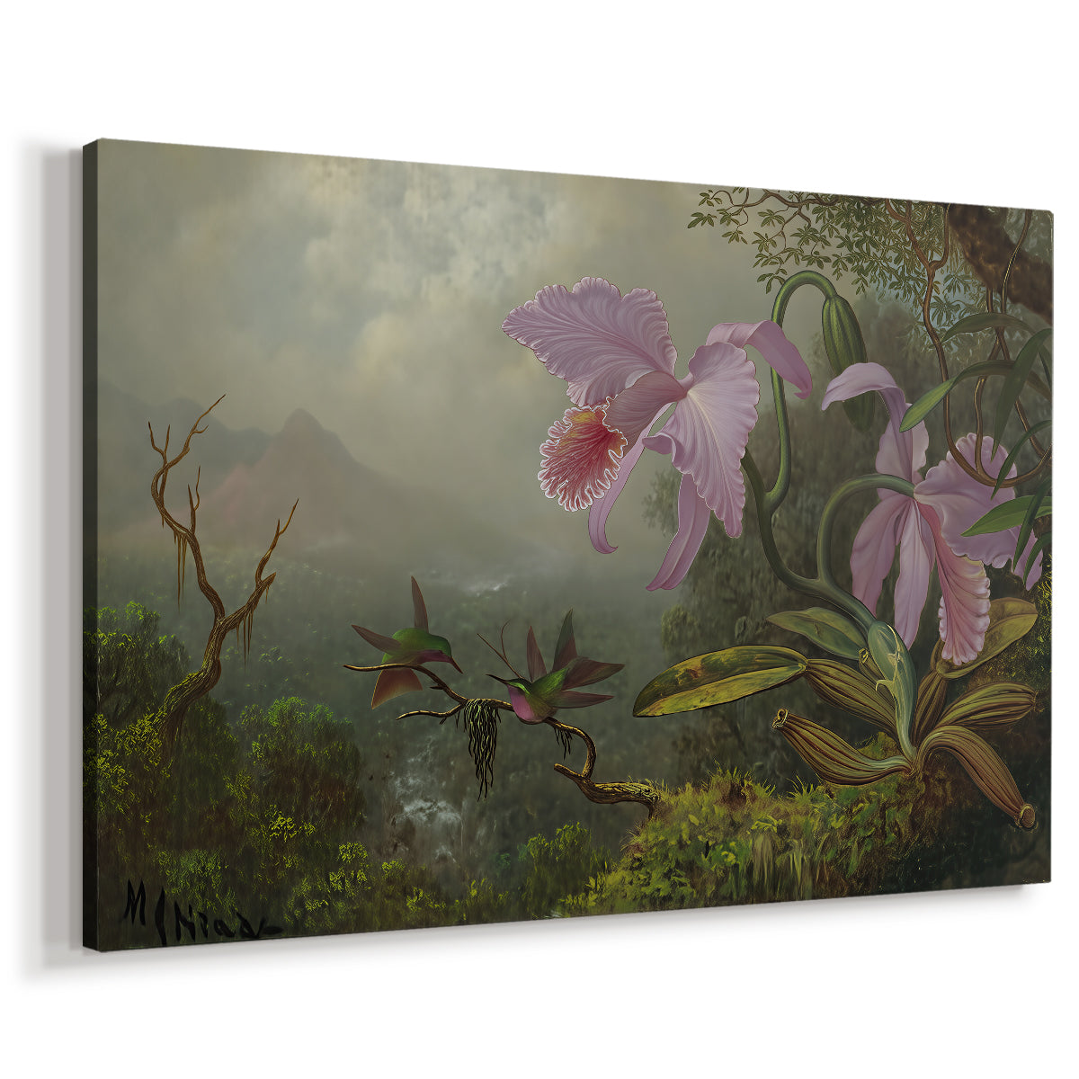 Canvas art print featuring a natural scene with birds and plants, displayed at an angle
