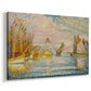 Canvas art print featuring a coastal scene with becon structure and vessels, displayed at an angle