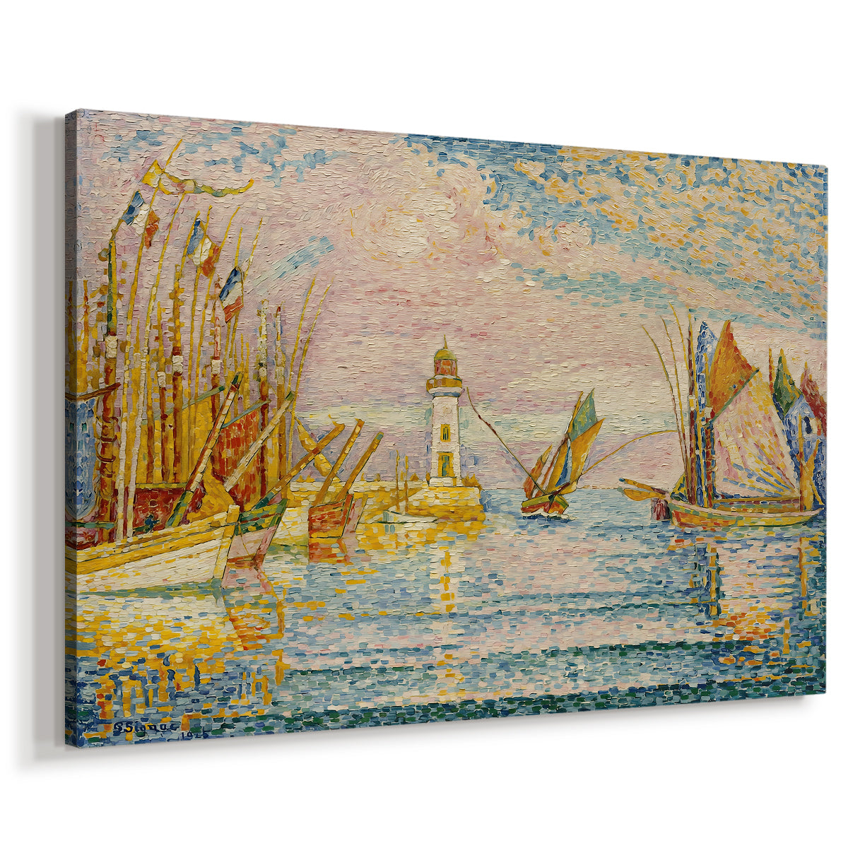 Canvas art print featuring a coastal scene with becon structure and vessels, displayed at an angle