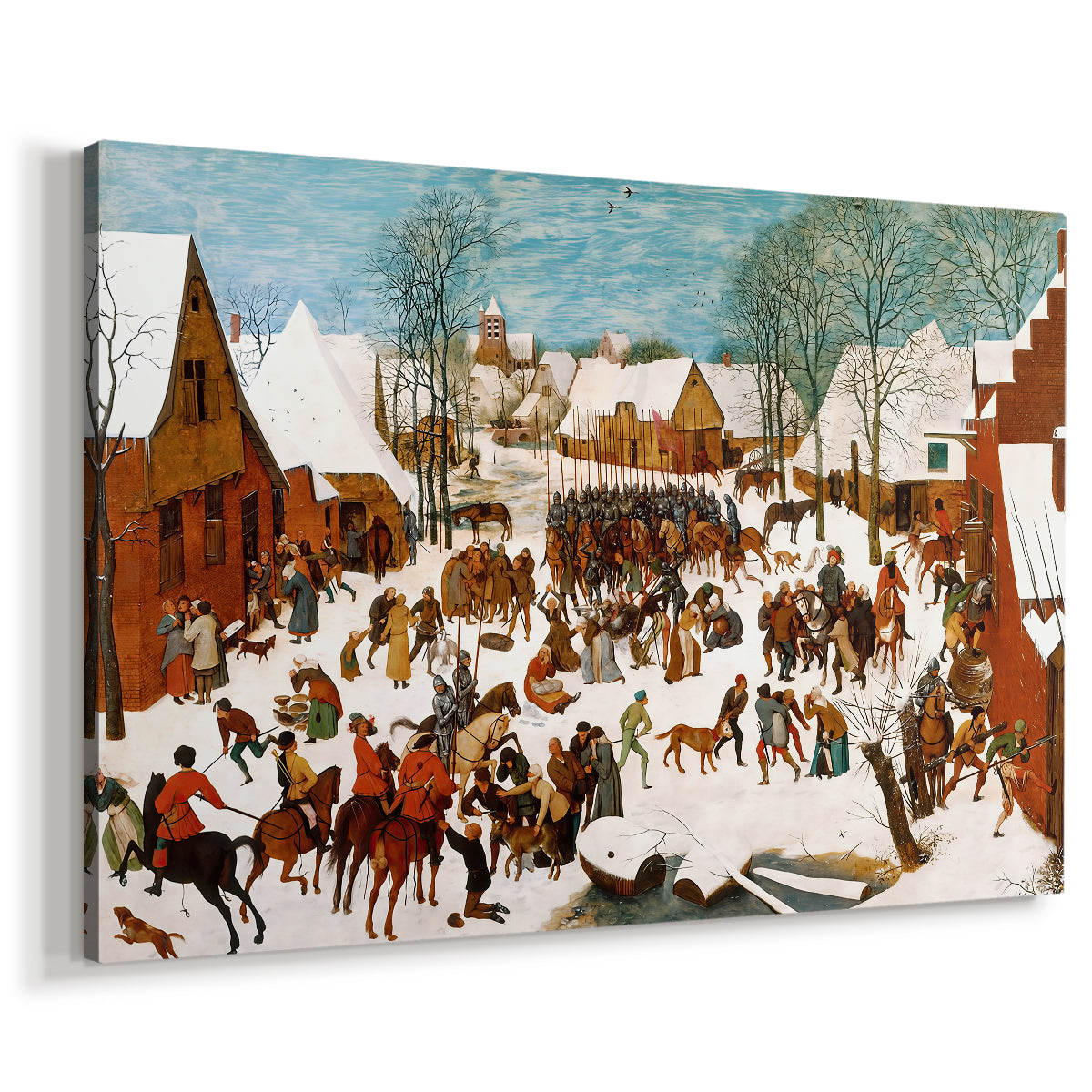 Canvas art print featuring a dramatic fight between civilians and soldiers, displayed at an angle