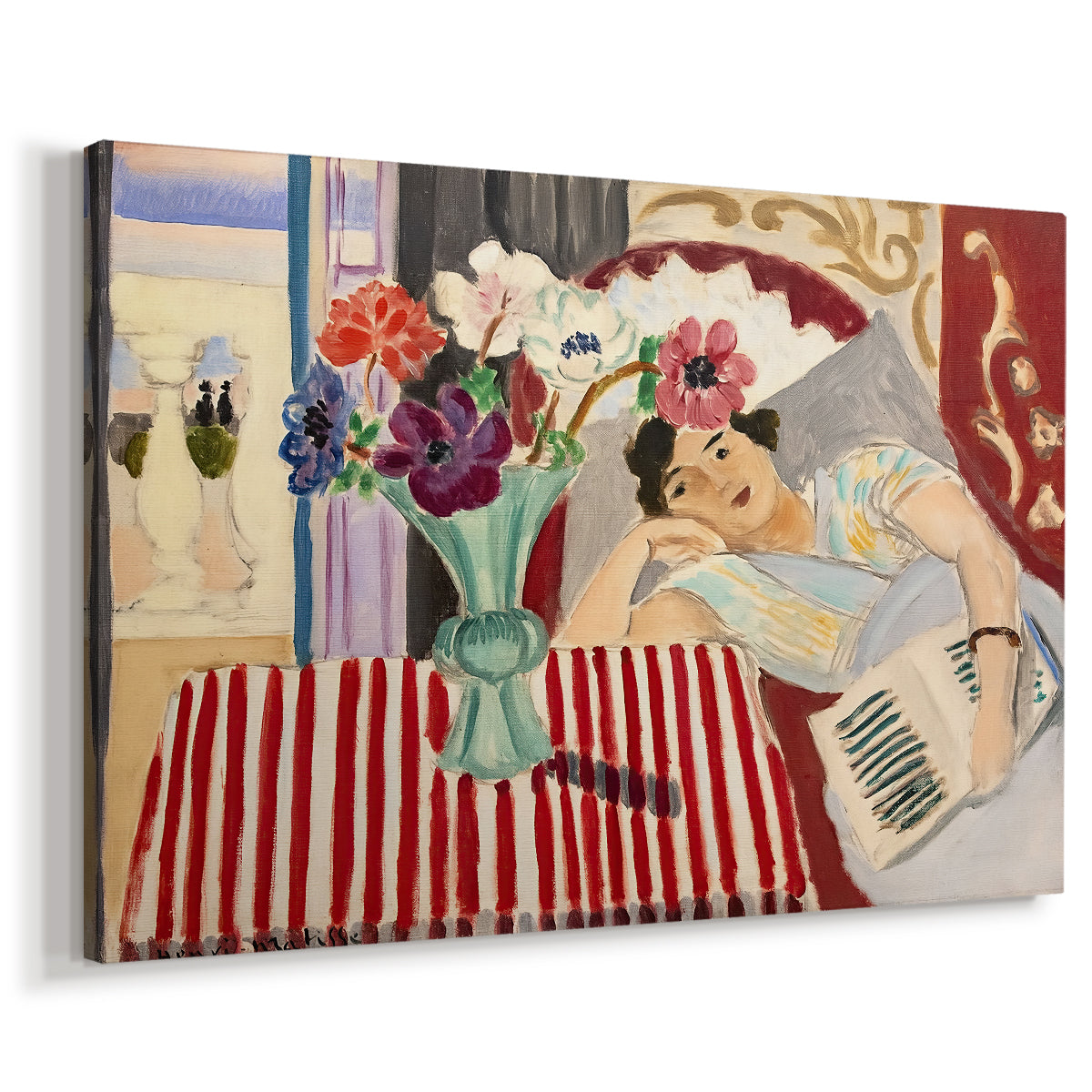 Canvas art print featuring a Fauvist portrait combining female figure and floral arrangement, displayed at an angle