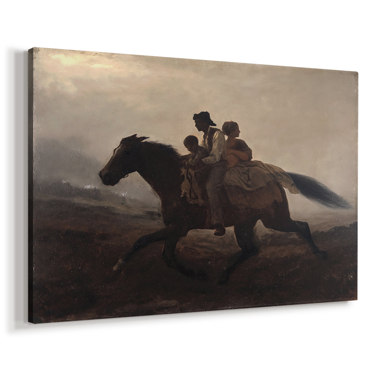 Canvas art print featuring a dramatic scene of enslaved people fleeing on horseback in darkness, displayed at an angle