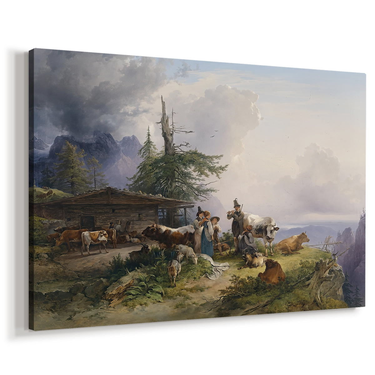 Canvas art print featuring a pastoral scene with animals and rural buildings in mountains, displayed at an angle