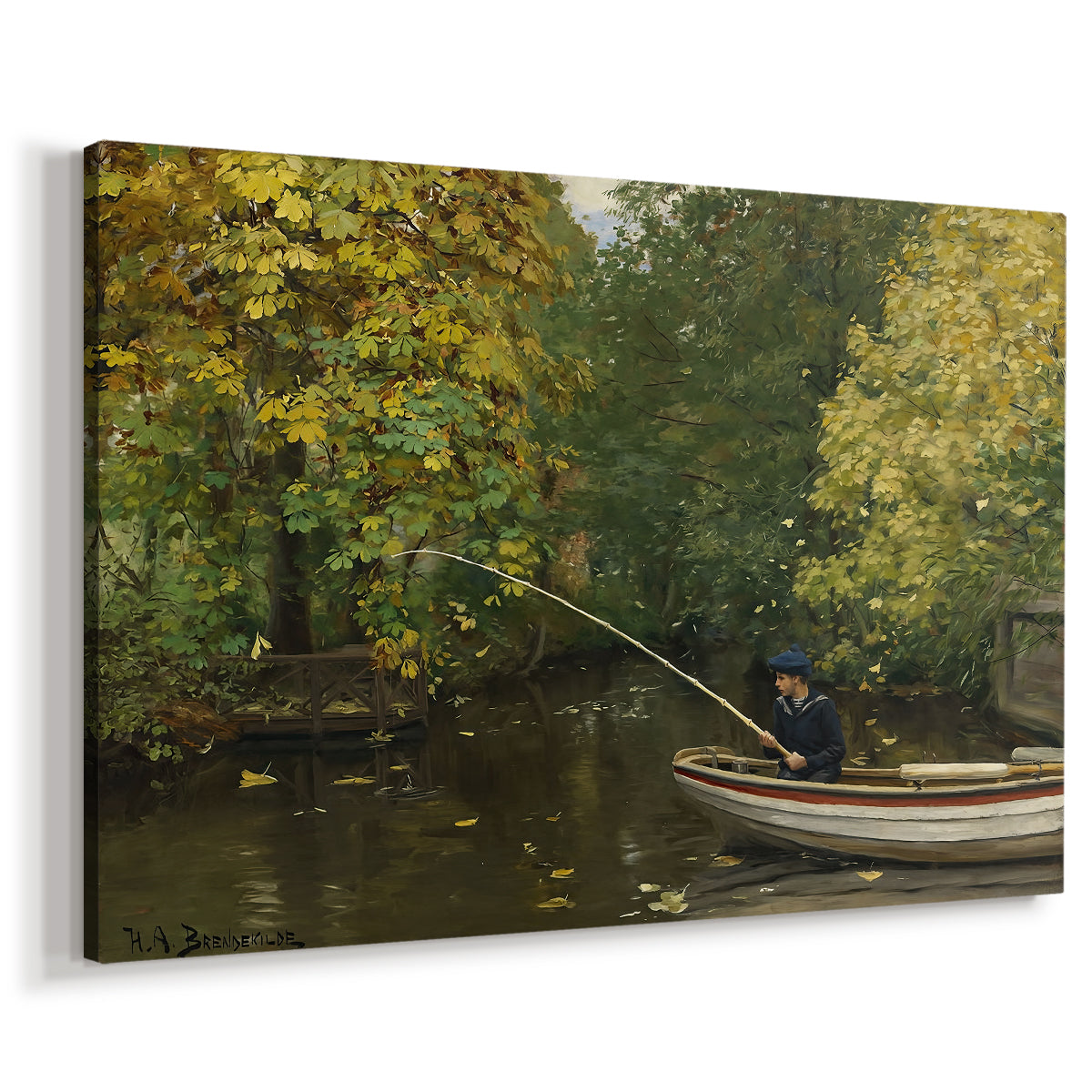 Canvas art print featuring a peaceful outdoor scene with child fishing near riverbank, displayed at an angle