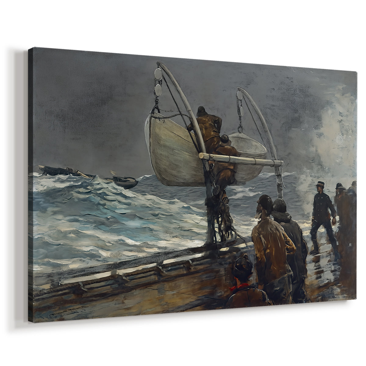 Canvas art print featuring a coastal scene with people reacting to vessel offshore, displayed at an angle