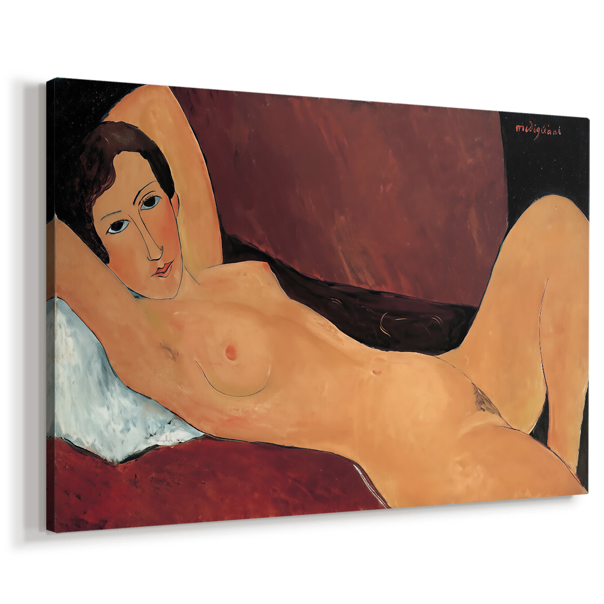 Canvas art print featuring a modernist nude figure lying on cushioned surface with simplified features, displayed at an angle