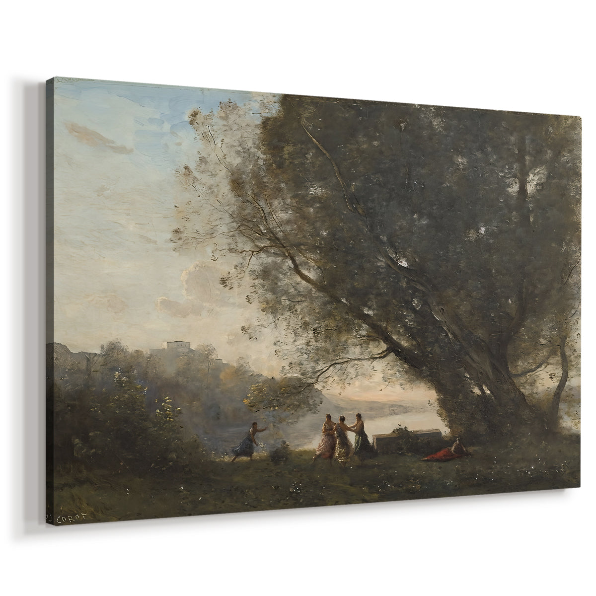 Canvas art print featuring a pastoral scene with people gathered near water and trees, displayed at an angle