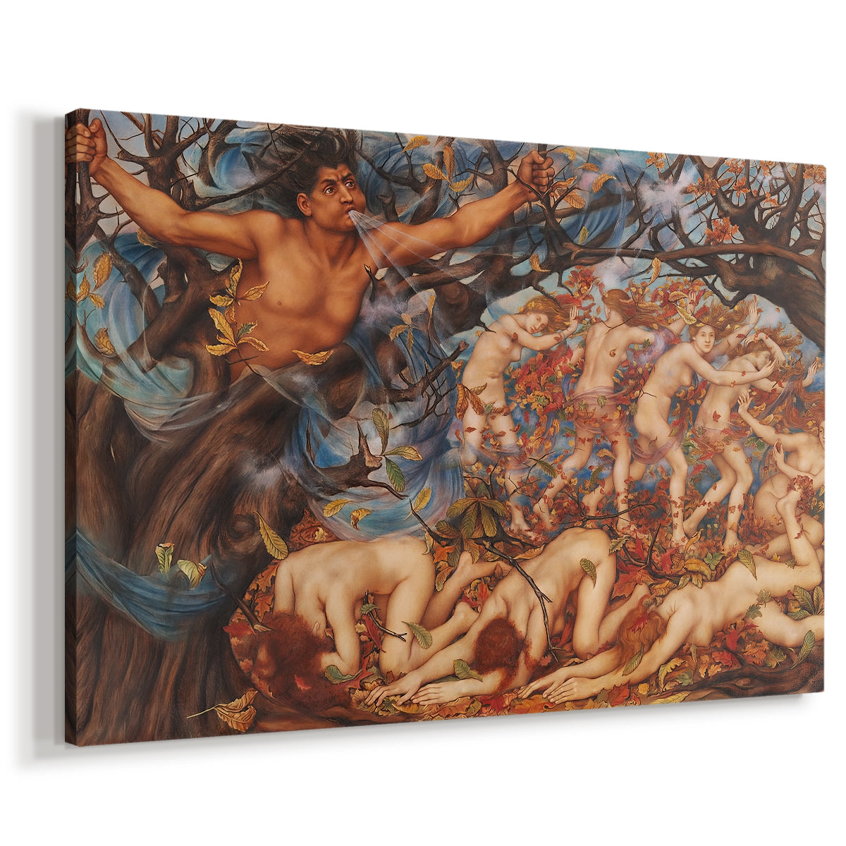 Canvas art print featuring a mythological scene of wind god Boreas moving through autumn leaves, displayed at an angle