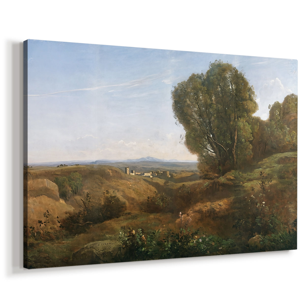 Canvas art print featuring an atmospheric countryside scene with muted tones, displayed at an angle