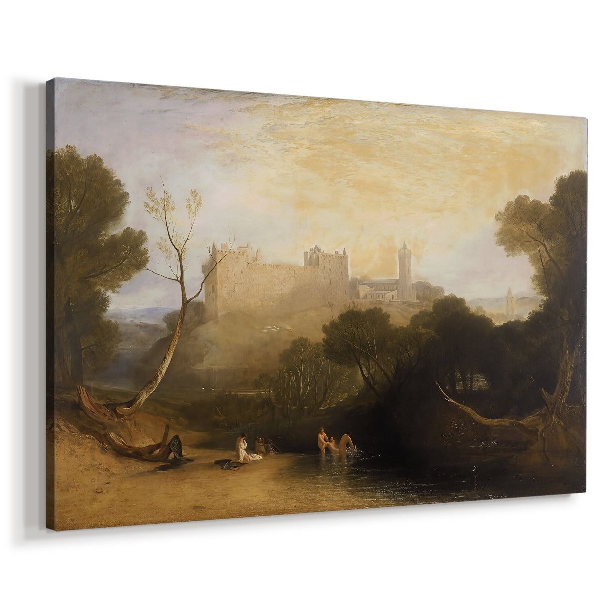 Canvas art print featuring an architectural scene with castle-like structure and natural setting, displayed at an angle