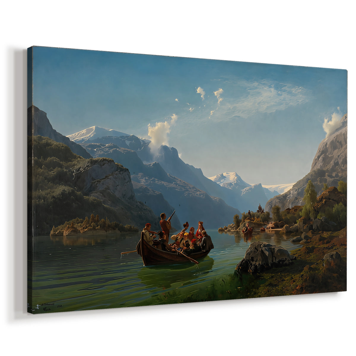 Canvas art print featuring a wedding party traveling by boat through a Norwegian fjord with towering mountains, displayed at an angle