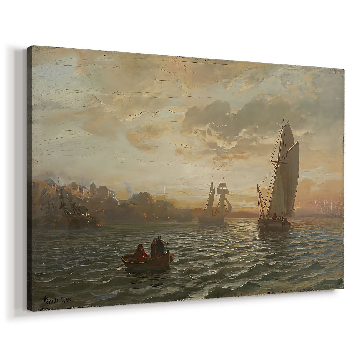 Canvas art print featuring a maritime view with layered shoreline and calm water, displayed at an angle
