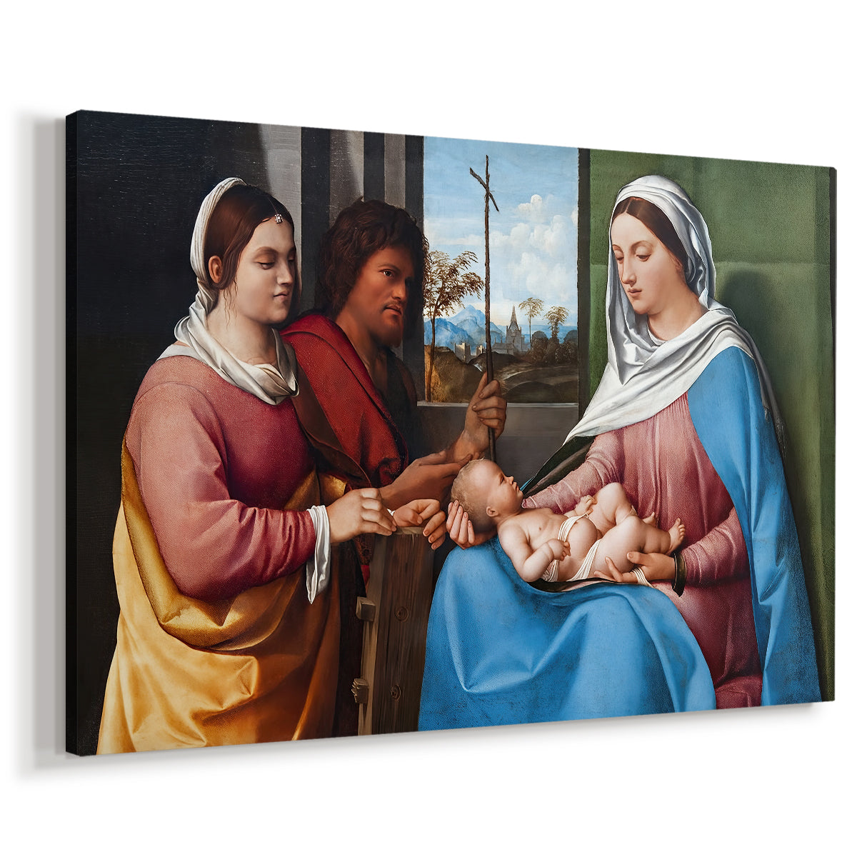 Canvas art print featuring a Renaissance composition of saints and figures in quiet interaction, displayed at an angle