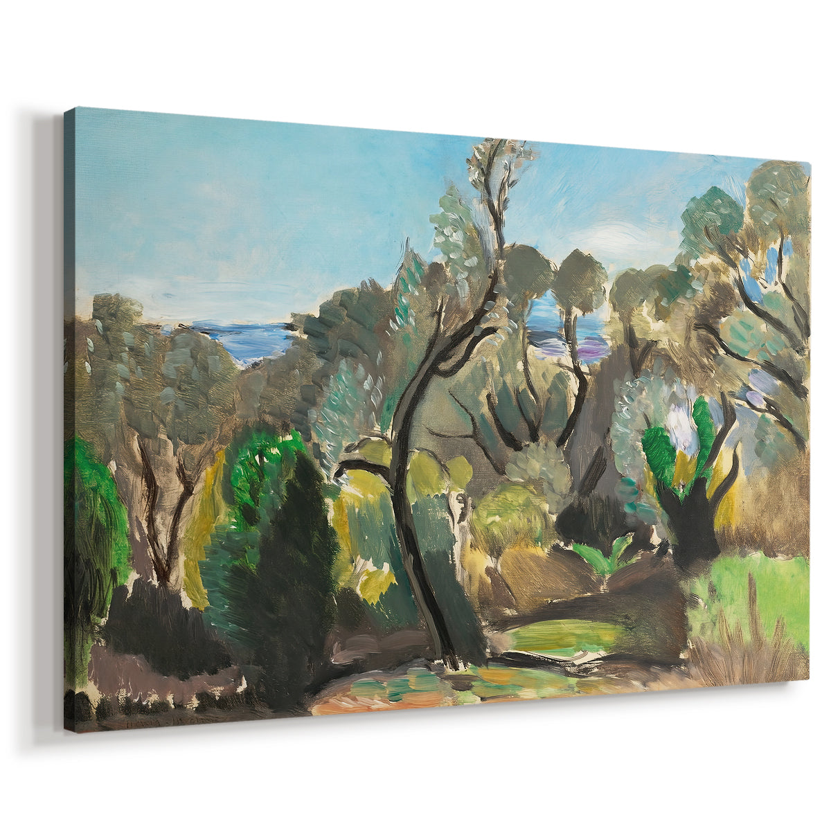 Canvas art print featuring a countryside view with vegetation and distant horizon, displayed at an angle