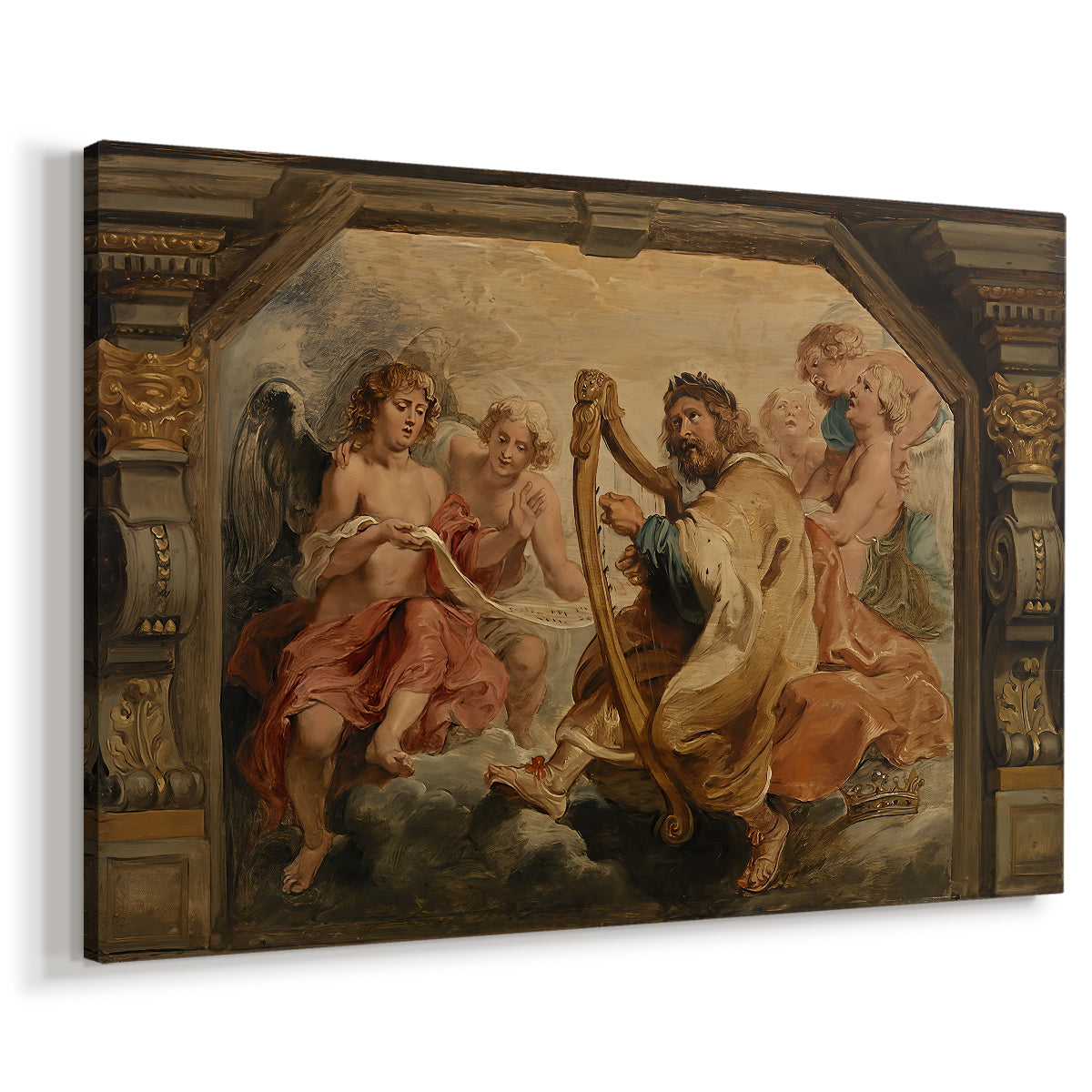 Canvas art print featuring a biblical music scene and gathered figures, displayed at an angle