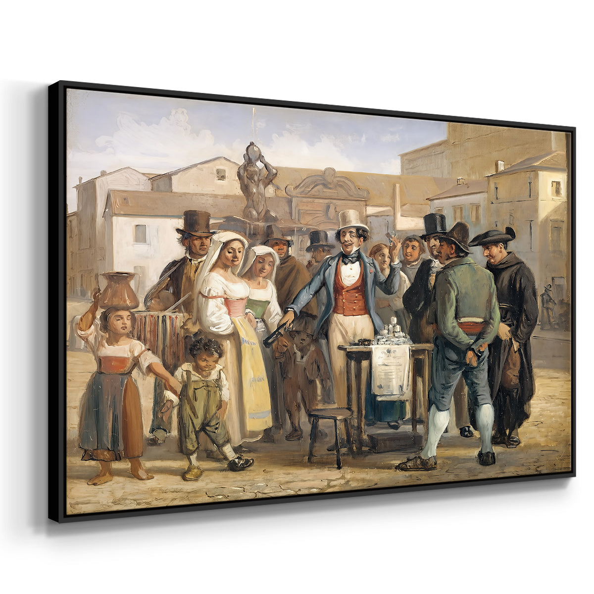 A Charlatan Selling Blacking in the Piazza Barberini in Rome, c. 1840-1849 - Floater Framed Canvas Print