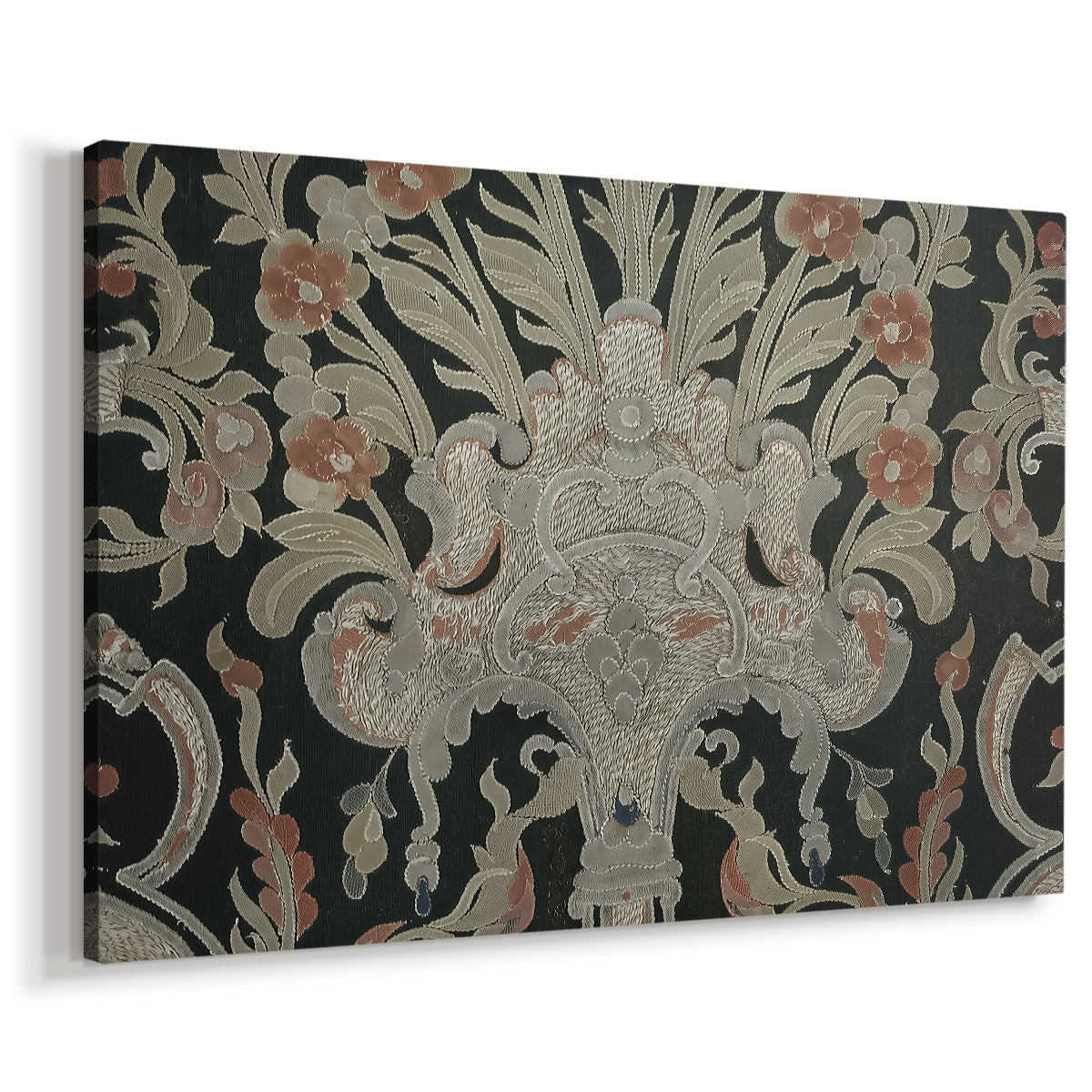 Canvas art print featuring a textile design combining organic shapes and patterned background, displayed at an angle