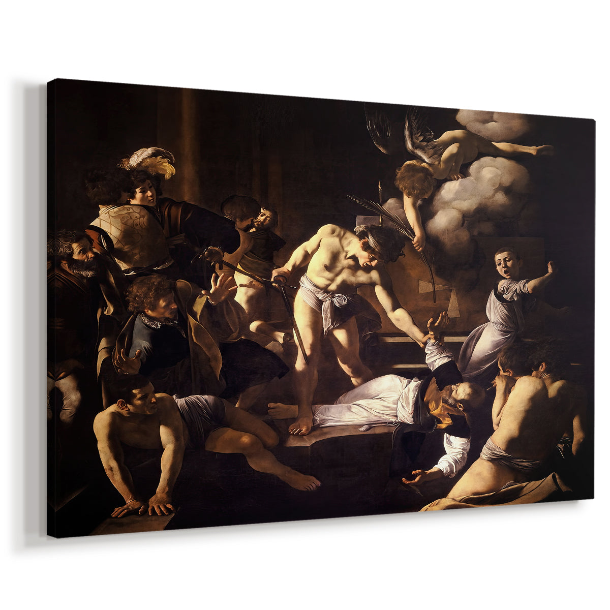Canvas art print featuring a dramatic moment of martyrdom with figures reacting in panic, displayed at an angle