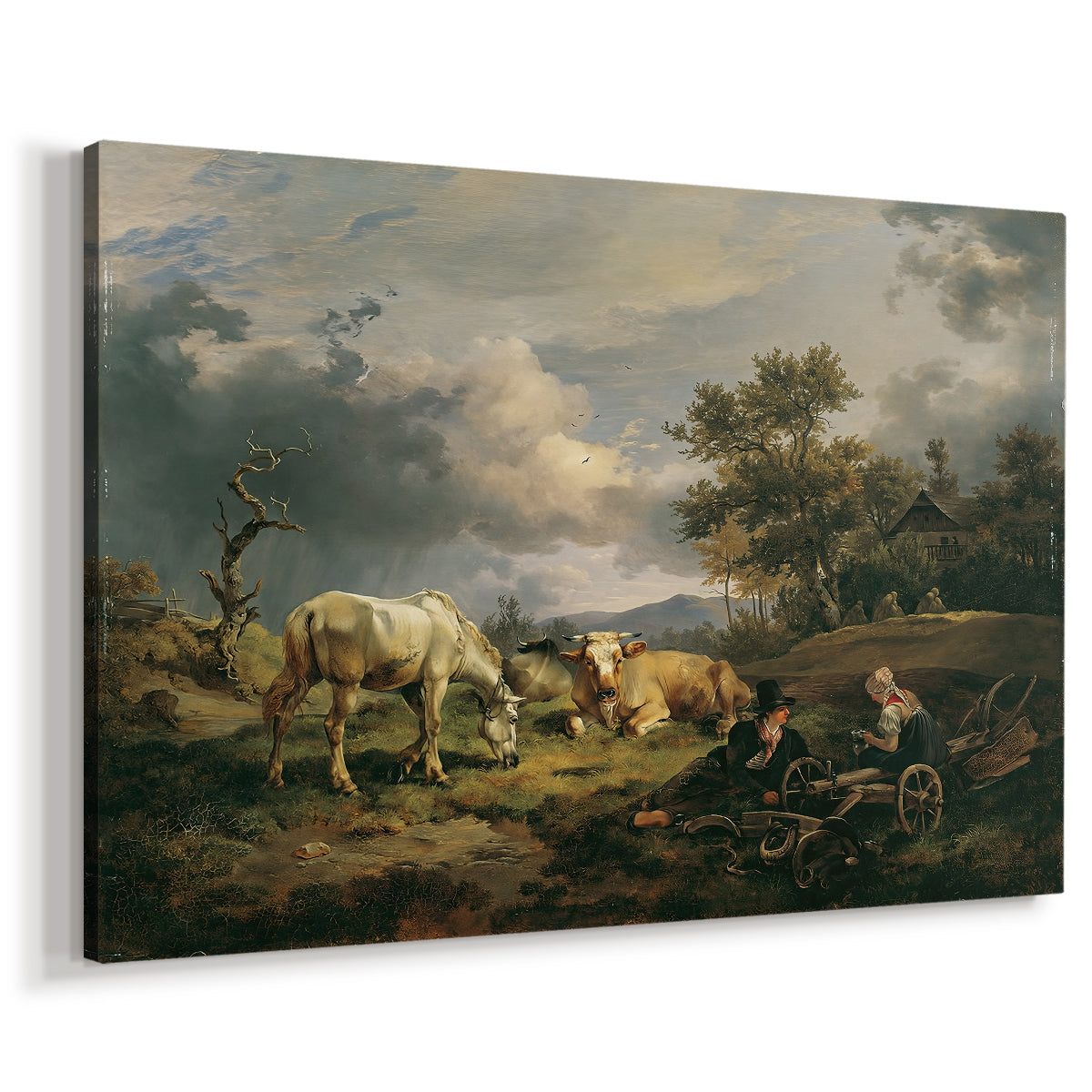 Canvas art print featuring a pastoral scene with figures in countryside, displayed at an angle