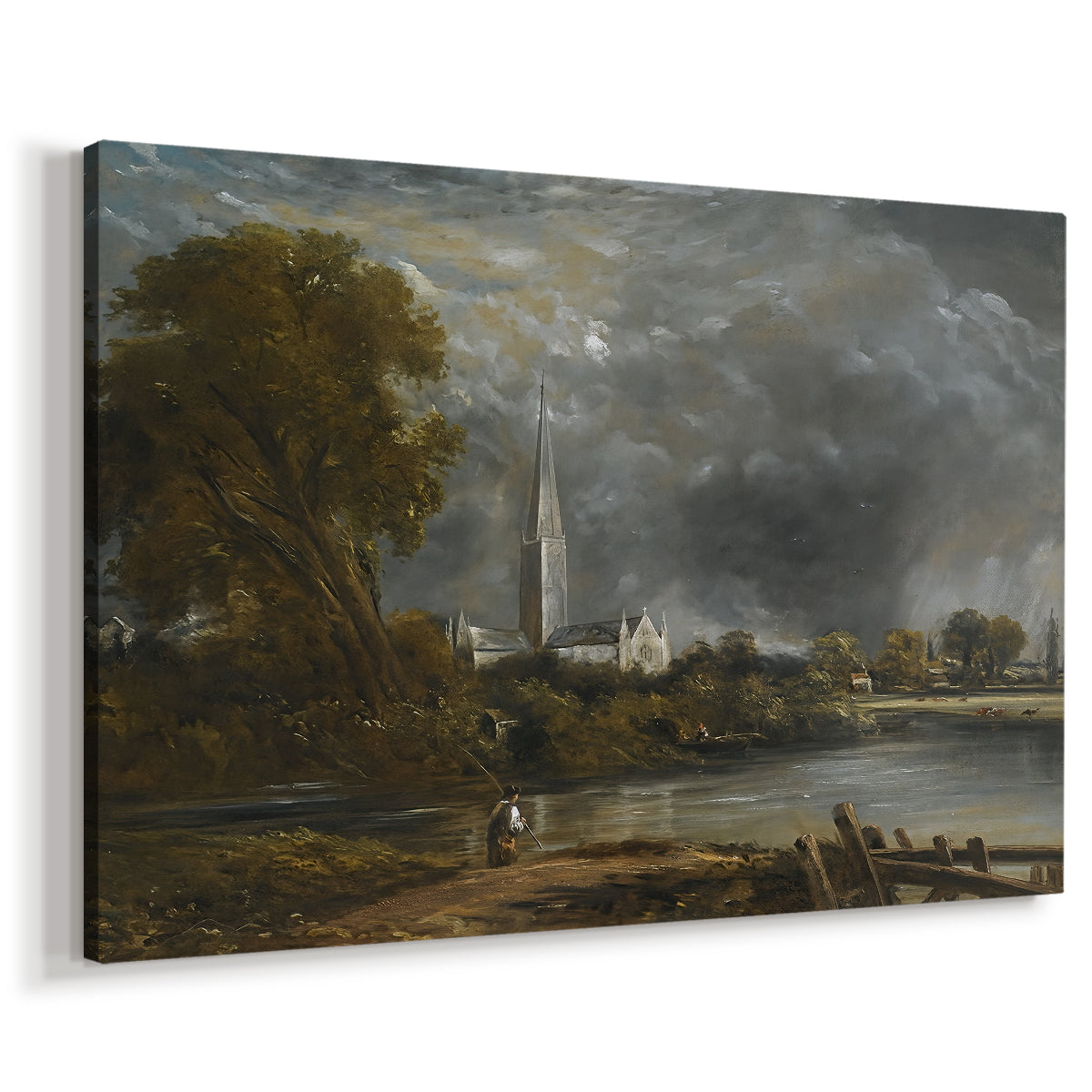 Canvas art print featuring an atmospheric landscape with church and reflection, displayed at an angle