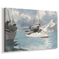 Canvas art print featuring a coastal scene with multiple vessels floating near land, displayed at an angle