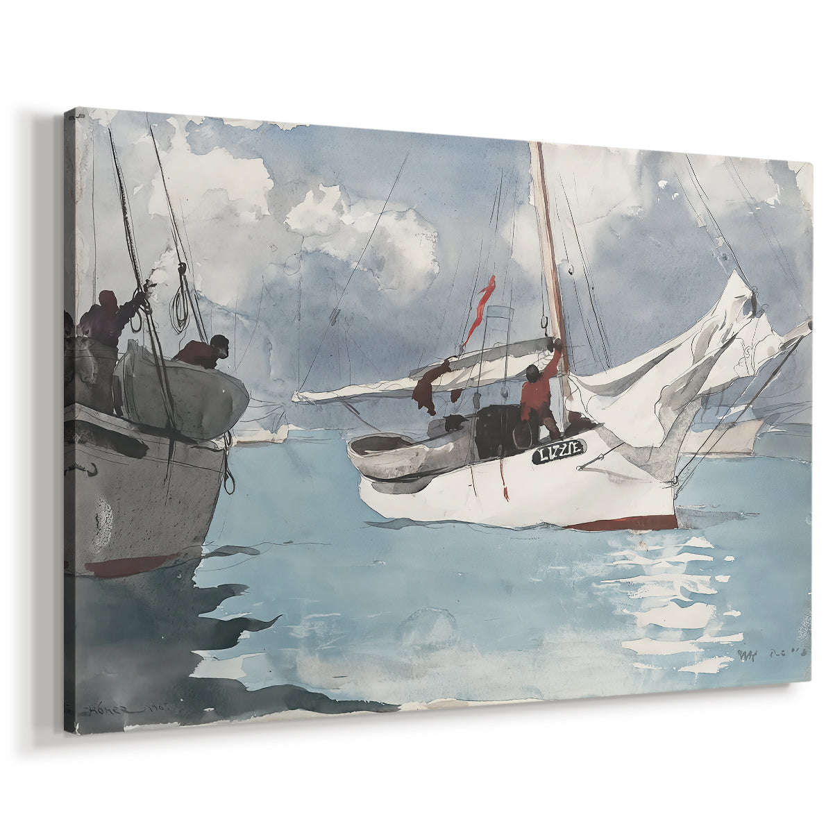 Canvas art print featuring a coastal scene with multiple vessels floating near land, displayed at an angle