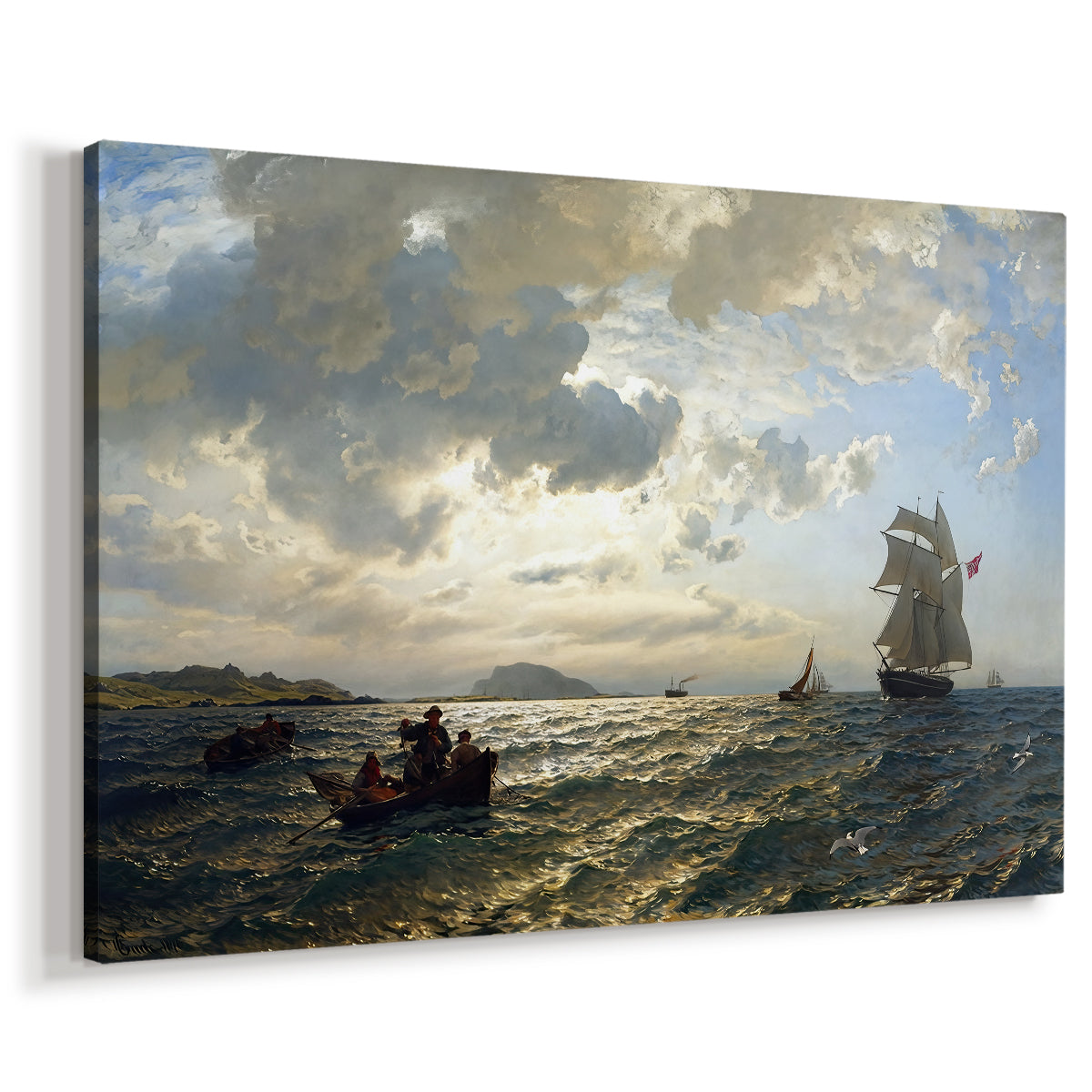 Canvas art print featuring a seaside scene with wind moving water and clouds, displayed at an angle