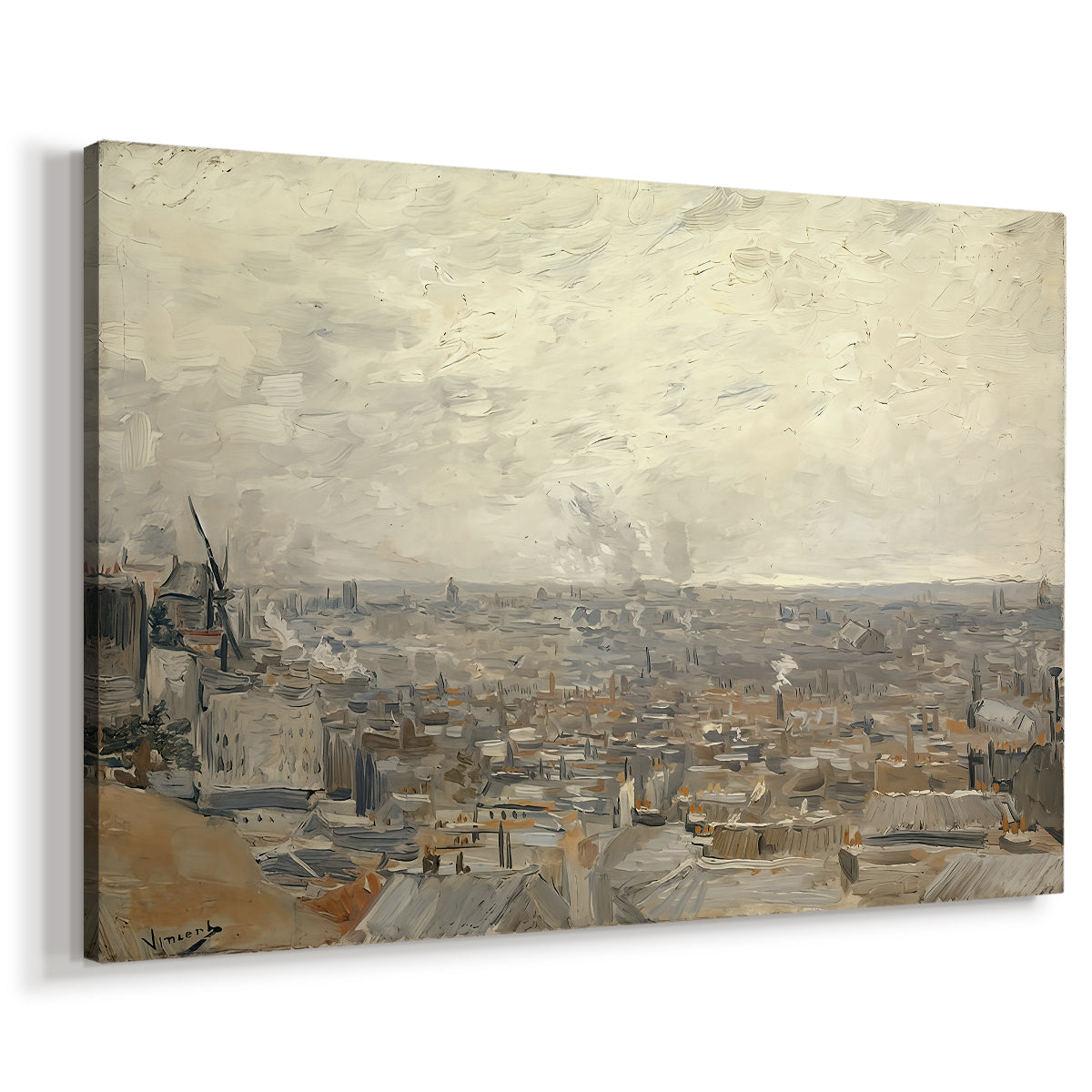 Canvas art print featuring a cityscape seen from hillside with layered structures, displayed at an angle