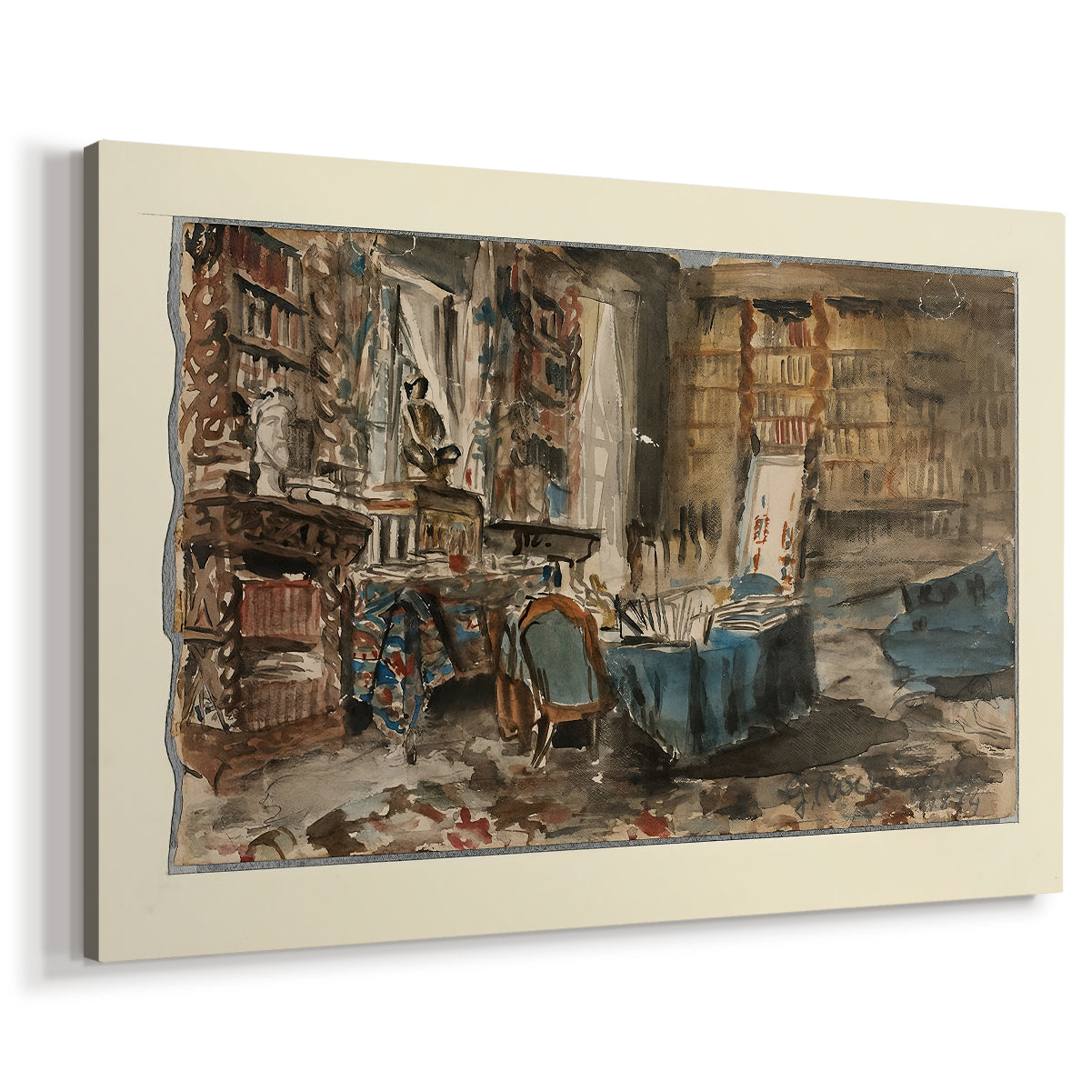 Canvas art print featuring a still life of writer's study with desk and decorative items, displayed at an angle
