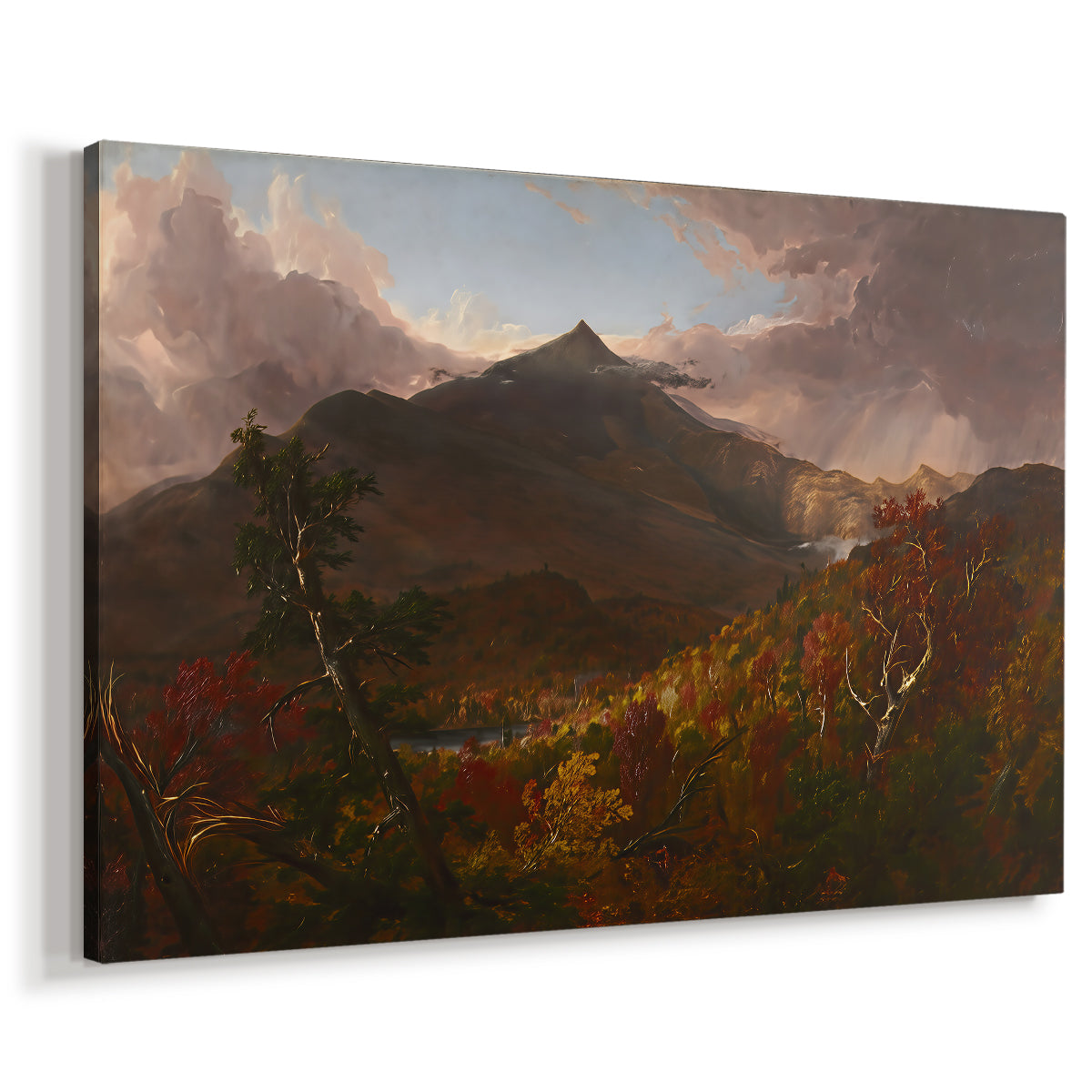 Canvas art print featuring a romantic scene with shifting weather over terrain, displayed at an angle