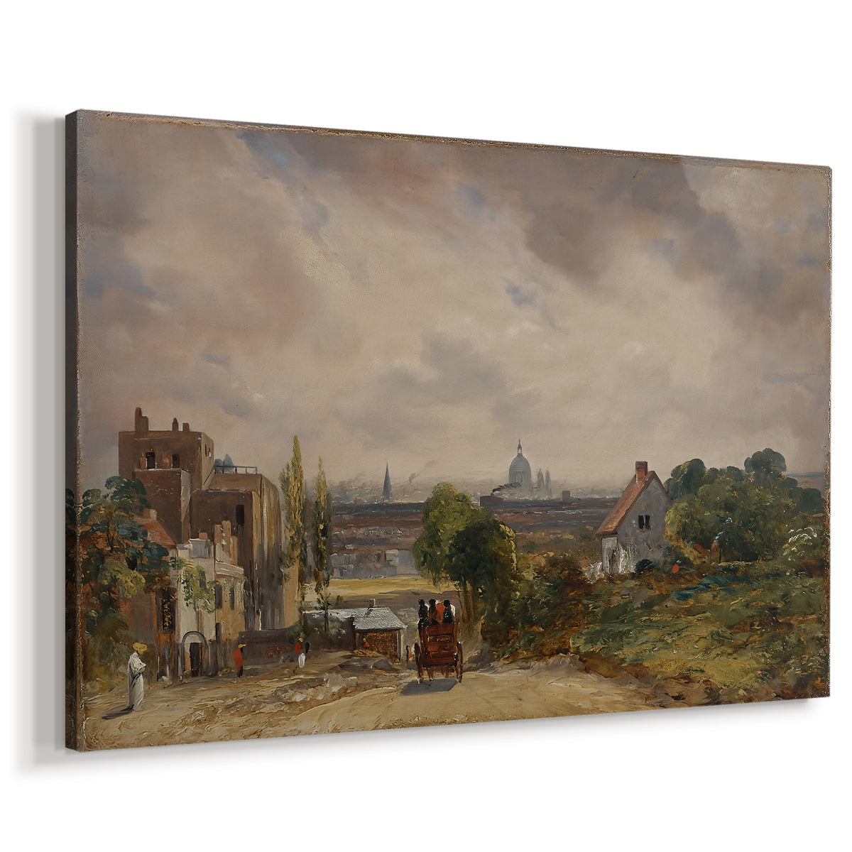 Canvas art print featuring a rustic building surrounded by vegetation, displayed at an angle