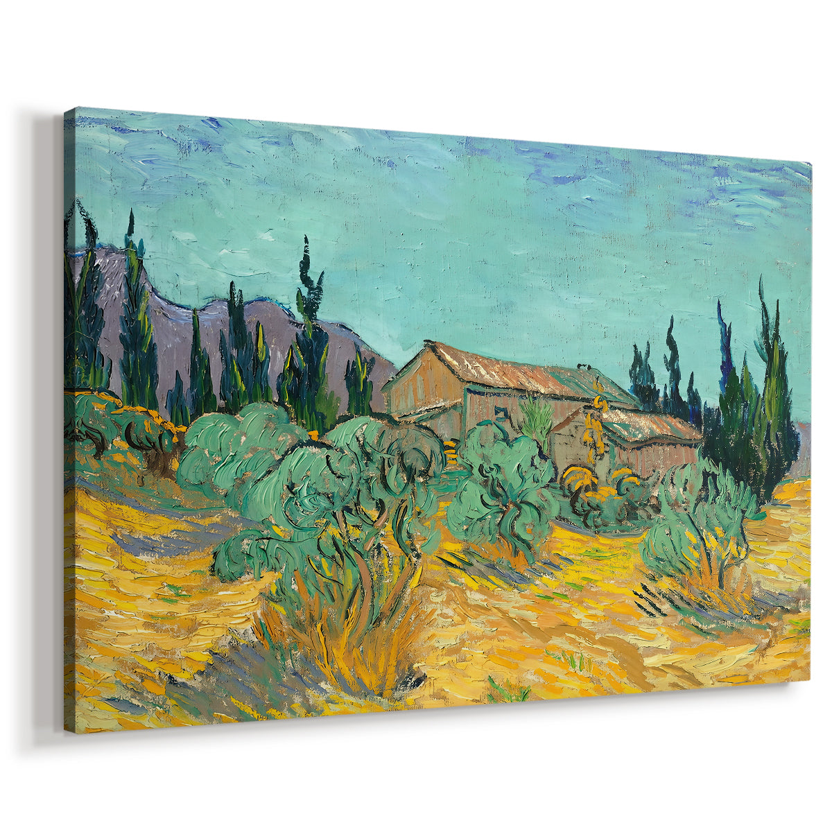 Canvas art print featuring an expressive countryside scene with buildings and vegetation, displayed at an angle