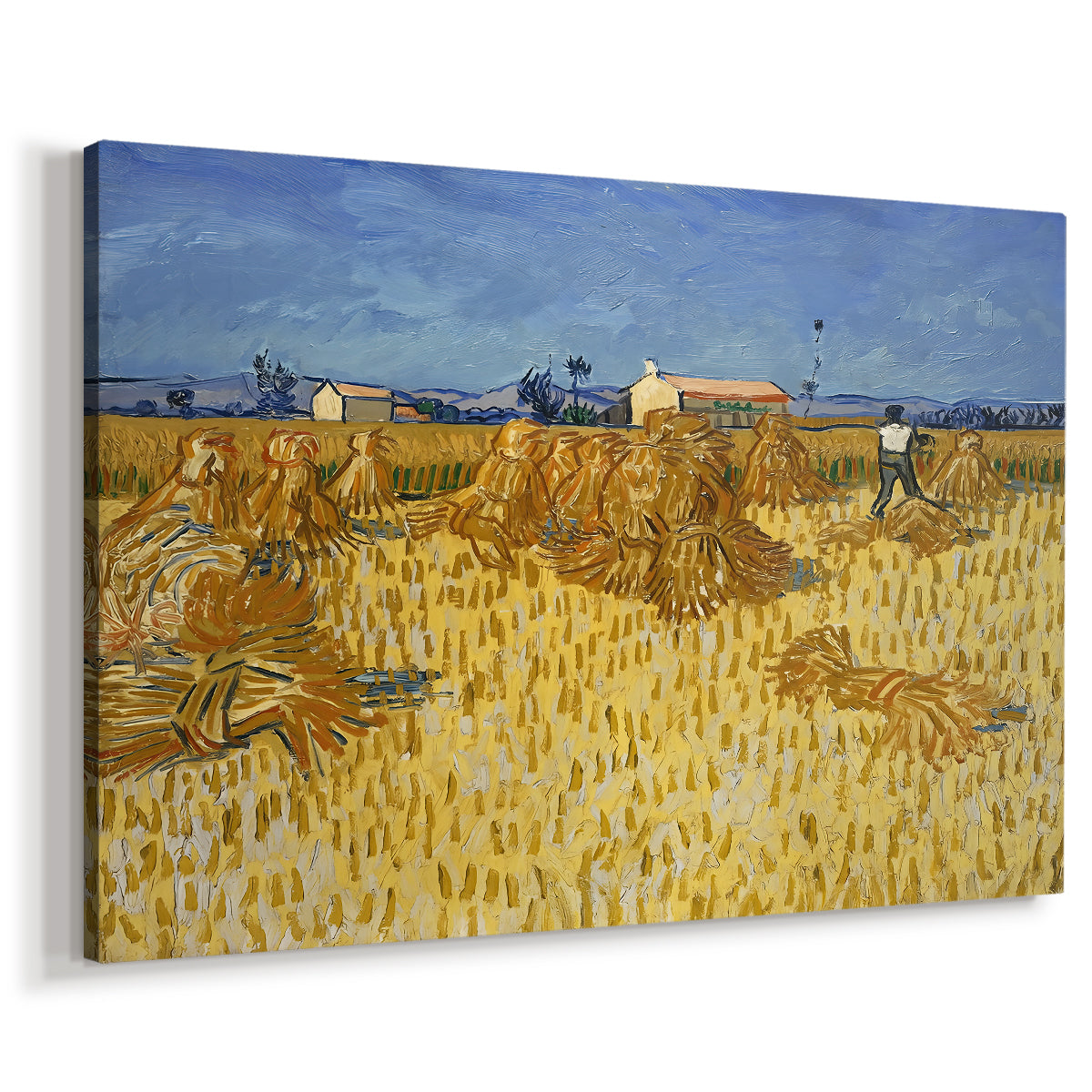 Canvas art print featuring an agricultural scene with cut wheat gathered into sheaves, displayed at an angle