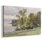 Canvas art print featuring a peaceful lake scene with reflections and surrounding greenery, displayed at an angle