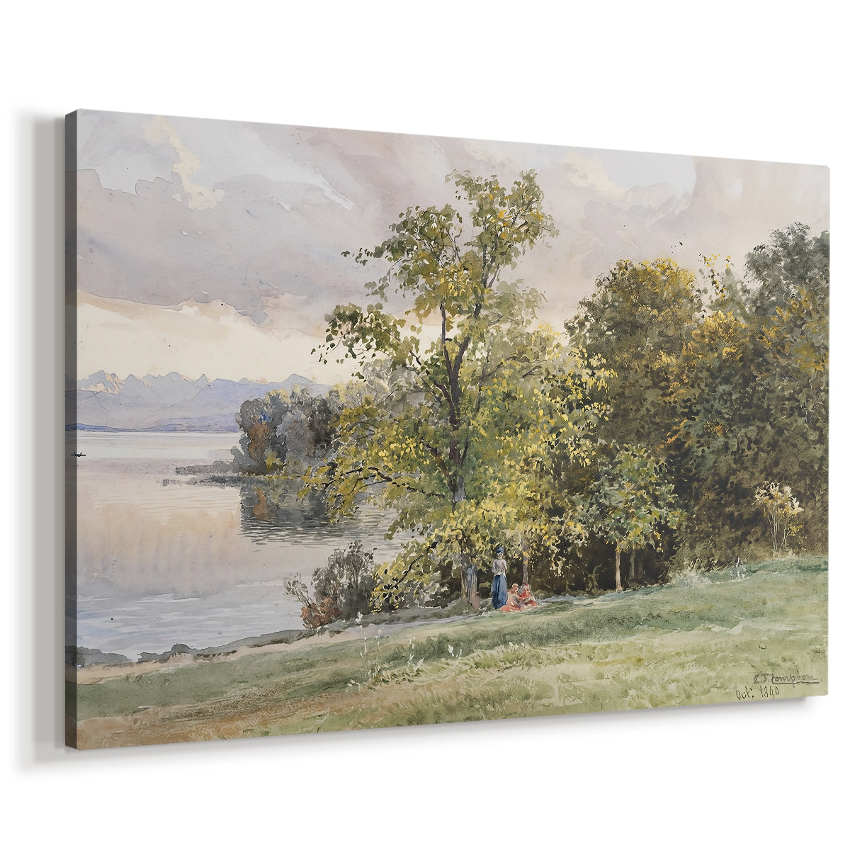 Canvas art print featuring a peaceful lake scene with reflections and surrounding greenery, displayed at an angle