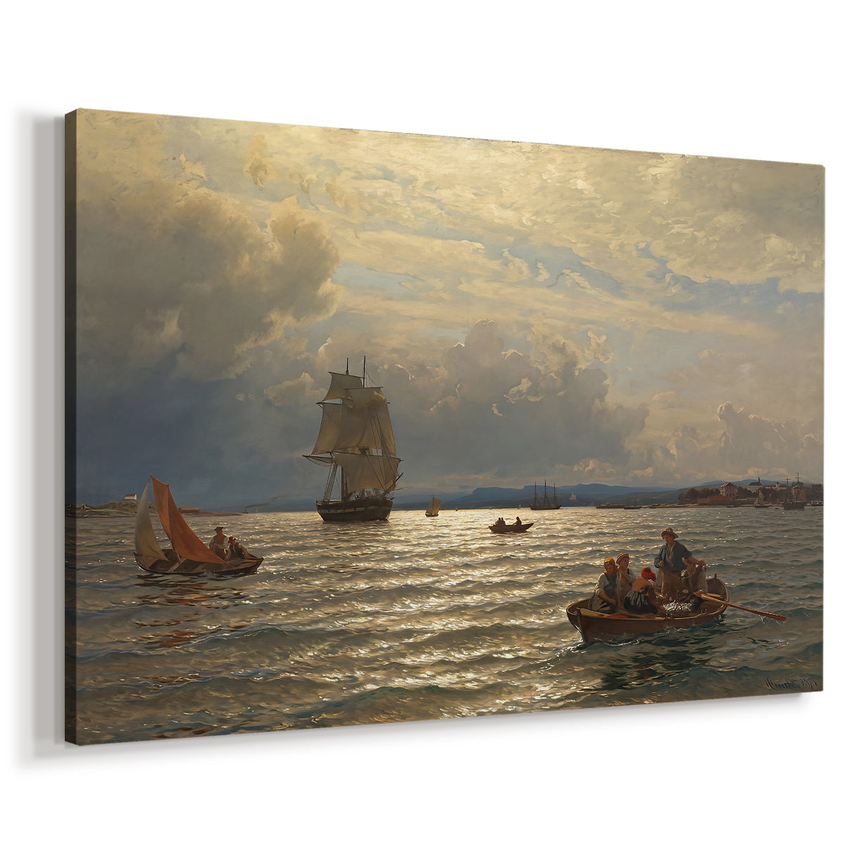 Canvas art print featuring a nautical scene of Oslo inlet with vessels and reflections, displayed at an angle