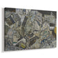 Canvas art print featuring an expressionist cityscape with tightly packed buildings and bold lines, displayed at an angle