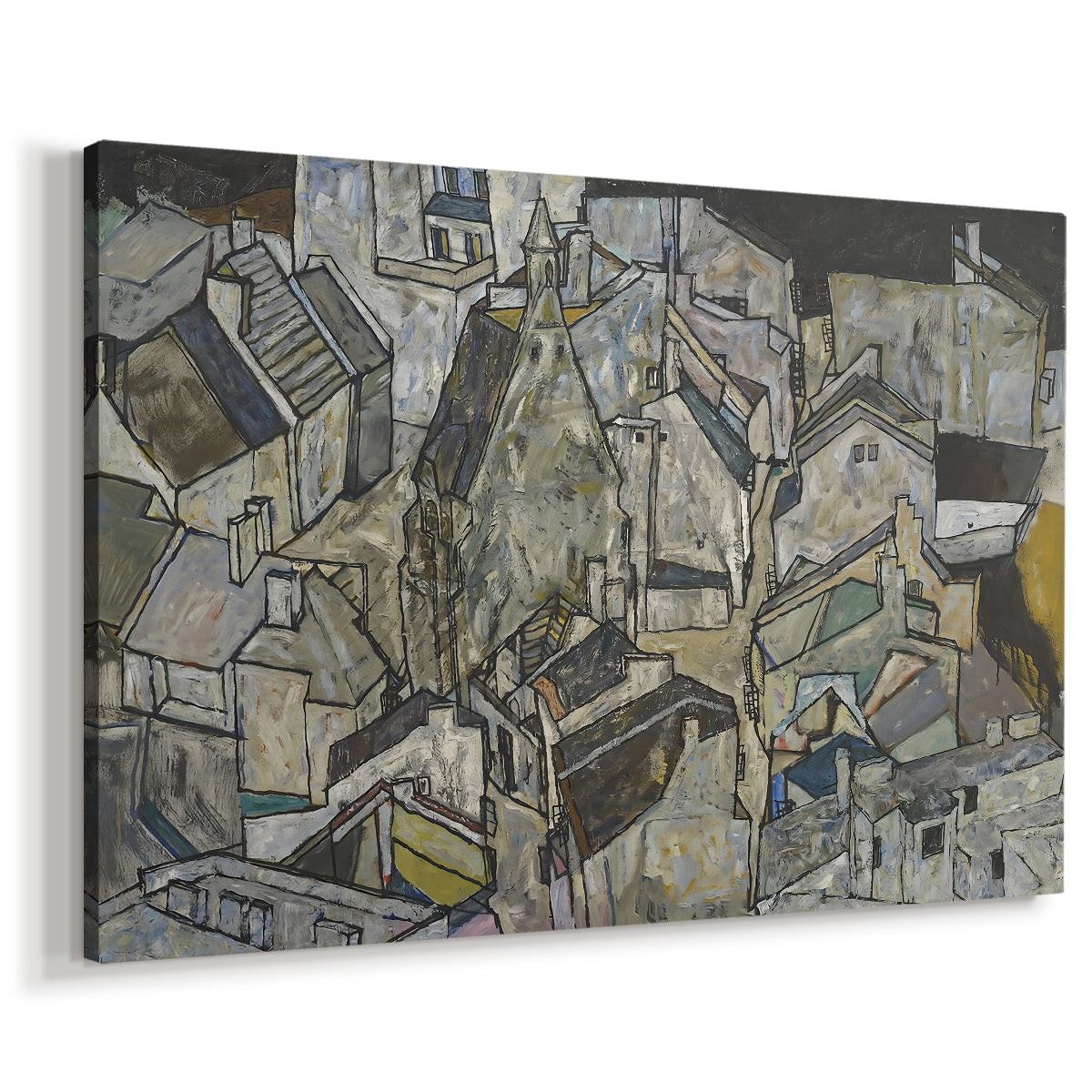 Canvas art print featuring an expressionist cityscape with tightly packed buildings and bold lines, displayed at an angle