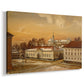Canvas art print featuring an architectural scene with figures and horses in open courtyard, displayed at an angle
