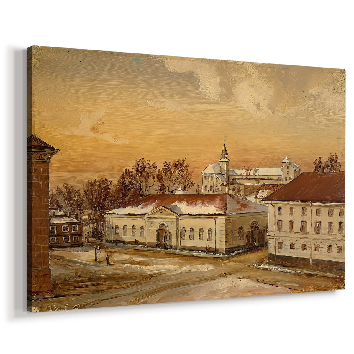 Canvas art print featuring an architectural scene with figures and horses in open courtyard, displayed at an angle